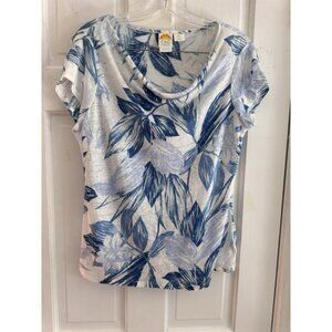 C&C‎ CALIFORNIA Top L 100% Linen Slub Jersey Hibiscus Tropical Cap Sleeve Blue